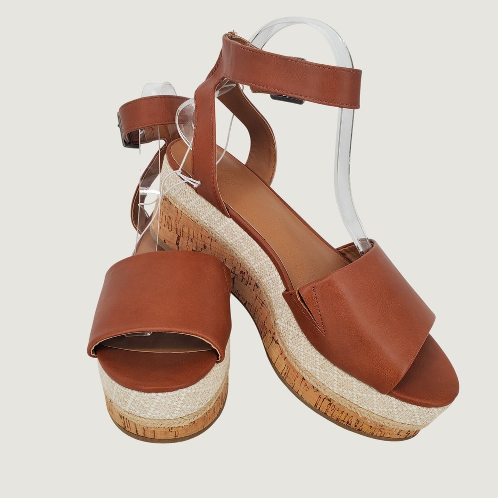 Universal Thread Bailey Cognac Faux Leather Cork Platform Wedge Sandals 8.5 New